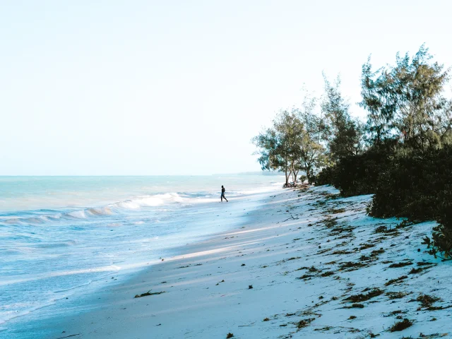 a man walks into the ocean waves
